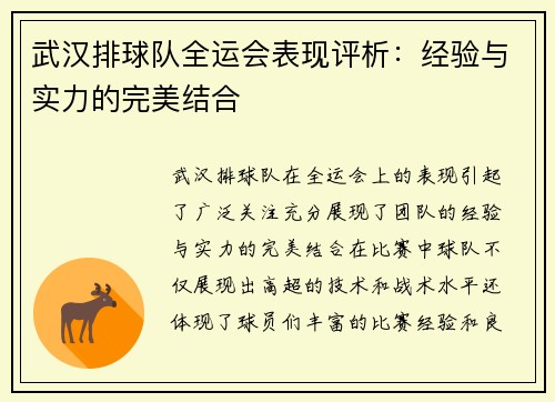 武汉排球队全运会表现评析：经验与实力的完美结合